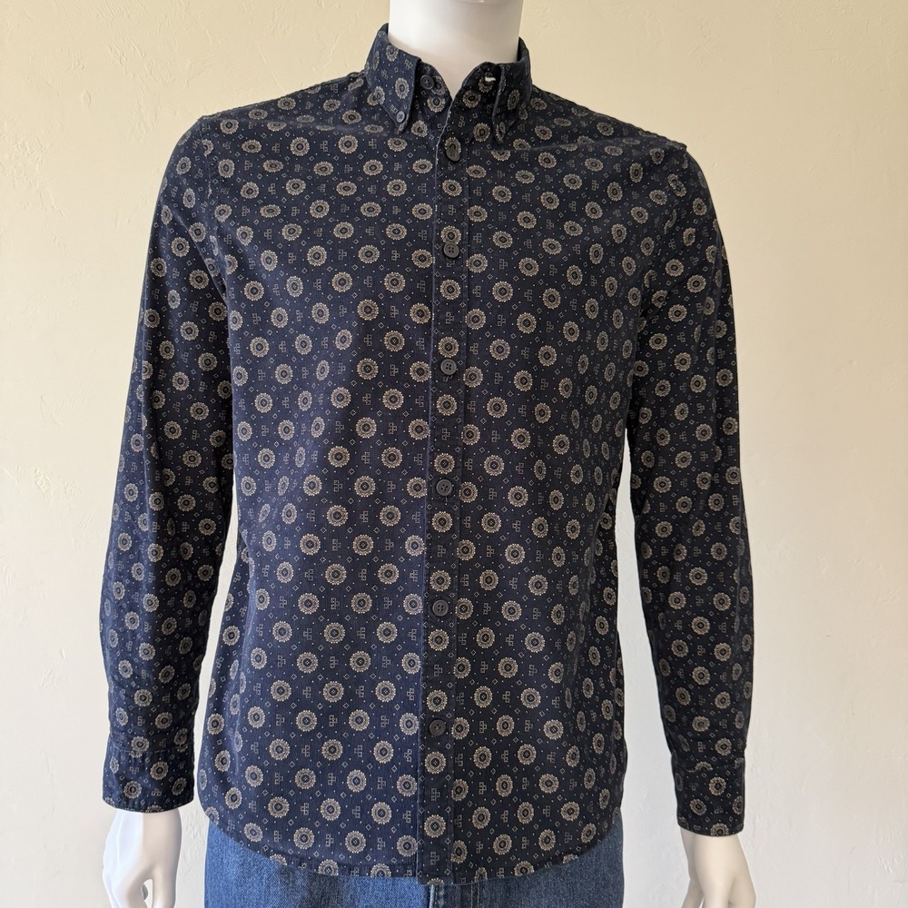 Express Navy Beige Geometric Cotton Button-Up Men Shirt‎ size M Long Sleeve